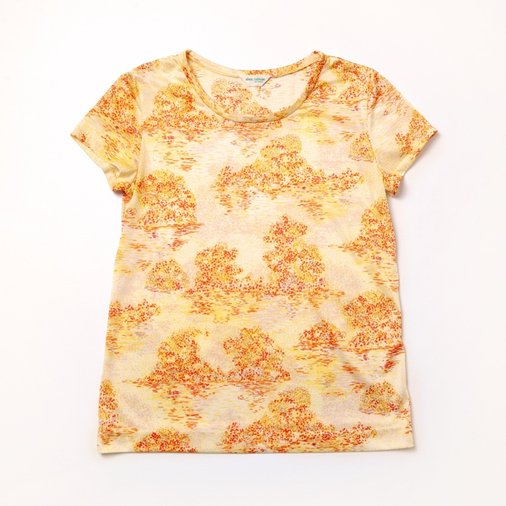 Women’s Vintage Alex Coleman T Shirt Size Small Yellow Orange Thin Polyester Tee